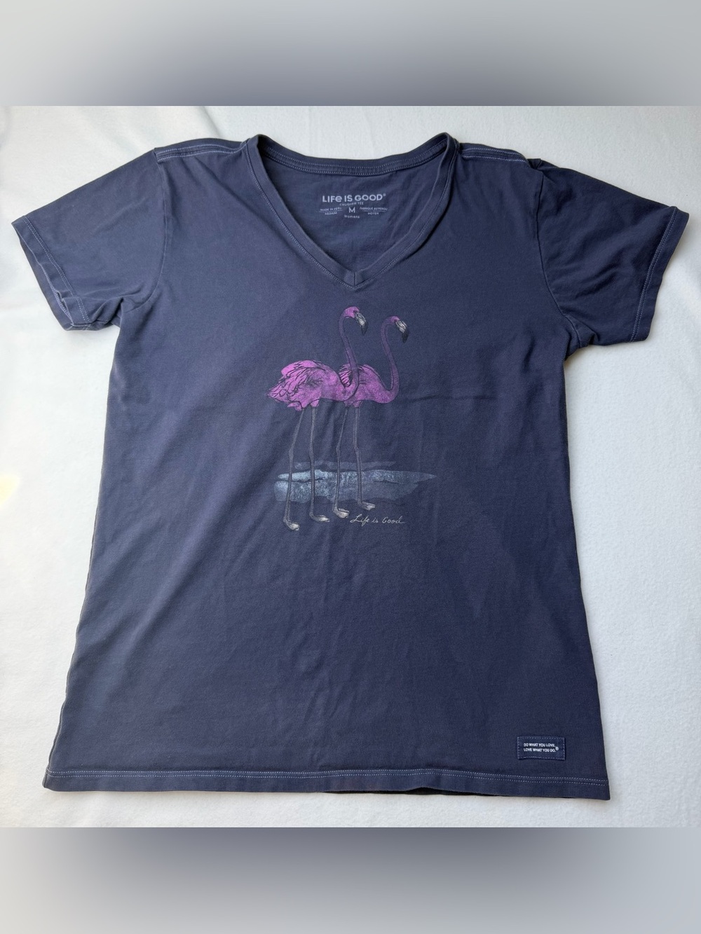 Life Is Good Navy V-Neck Tee with Pink Flamingo Graphic